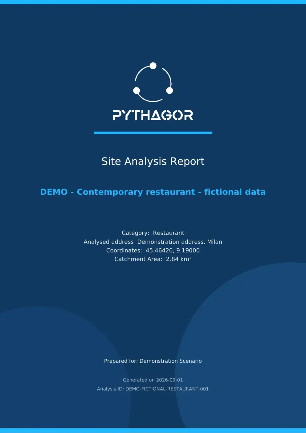 Cover of the demo report for a restaurant, with the notice that the data is fictional