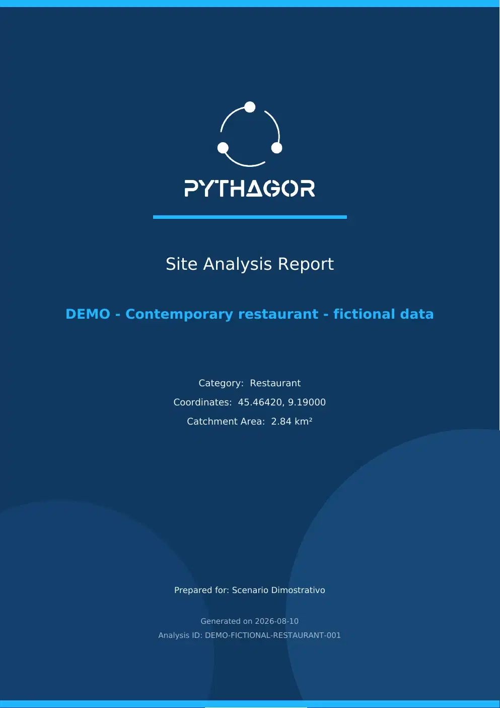 Restaurant demo report cover with fictional data notice
