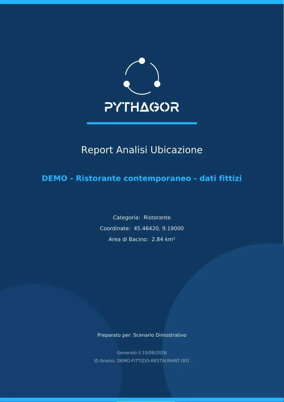 Copertina del report demo per un ristorante con avviso dati fittizi